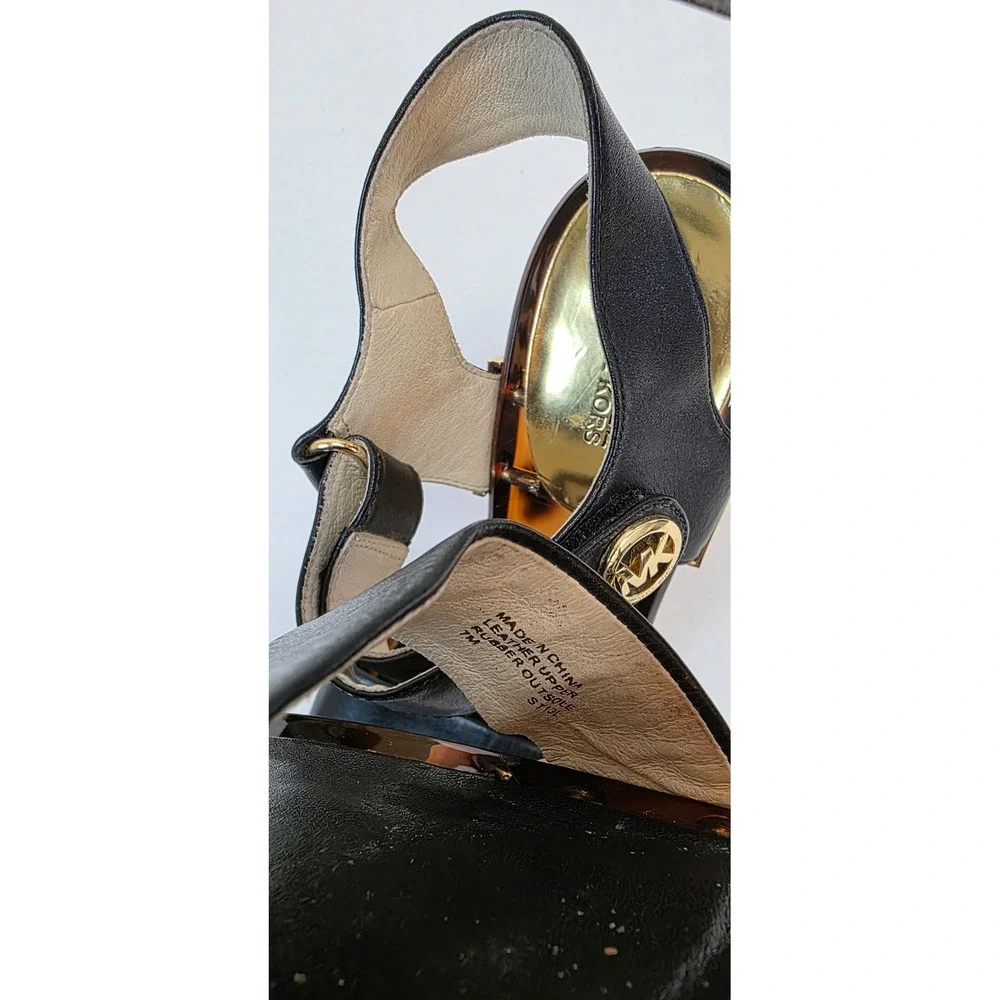 Michael Kors Black Leather Tortoise Shell Gold‎ Stiletto Sandals Heels Womens